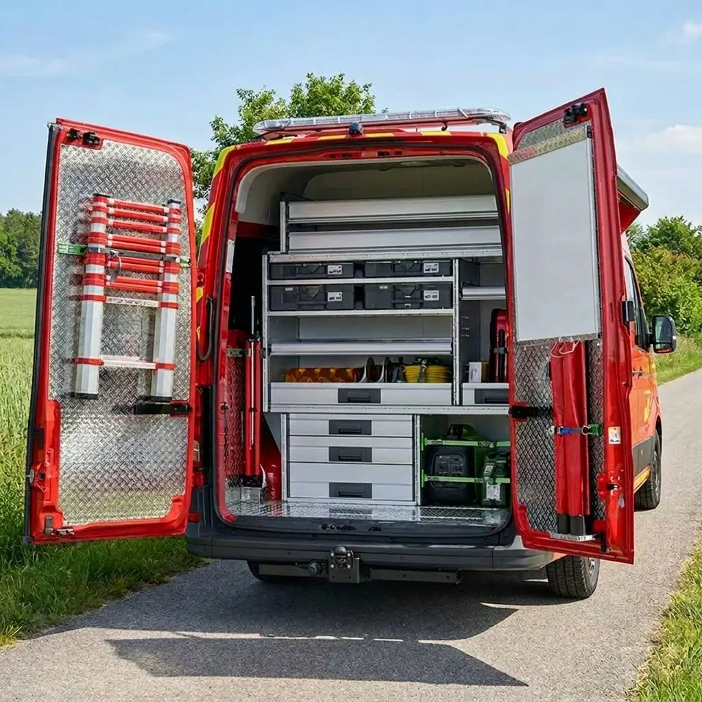 Einsatzfahrzeug der Feuerwehr mit geöffneten Hecktüren und ausgebautem Laderaum mit Schubladen, Regalen und Leiter